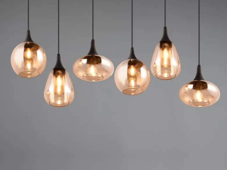 Pendelleuchte LUMINA 6-flammig, Glasschirme amberfarbig, Breite 93cm