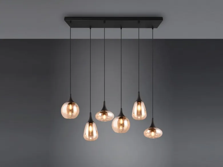 Pendelleuchte LUMINA 6-flammig, Glasschirme amberfarbig, Breite 93cm