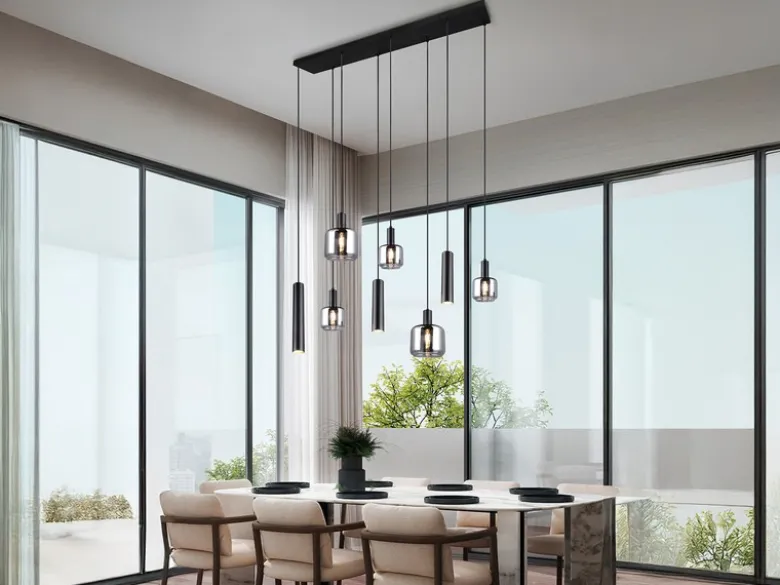 Pendelleuchte MATARO 8-flammig Metall mit Glasschirmen Chrom, Breite 118cm
