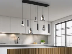 Pendelleuchte MATARO 8-flammig Metall mit Glasschirmen Chrom, Breite 118cm