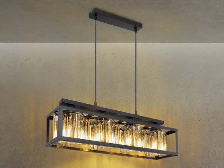 Pendelleuchte MATHILDE mit Rauchglas Kristallen 4-flammig, Breite 68cm