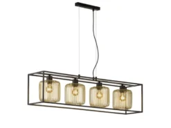 Pendelleuchte mehrflammig 4 Lamellen Lampenschirme Gold lang, Breite 110cm