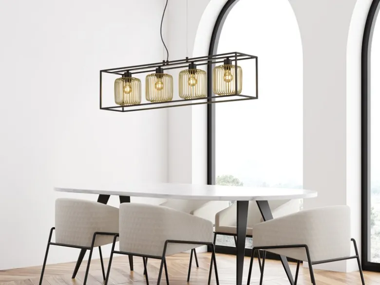 Pendelleuchte mehrflammig 4 Lamellen Lampenschirme Gold lang, Breite 110cm