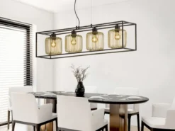 Pendelleuchte mehrflammig 4 Lamellen Lampenschirme Gold lang, Breite 110cm