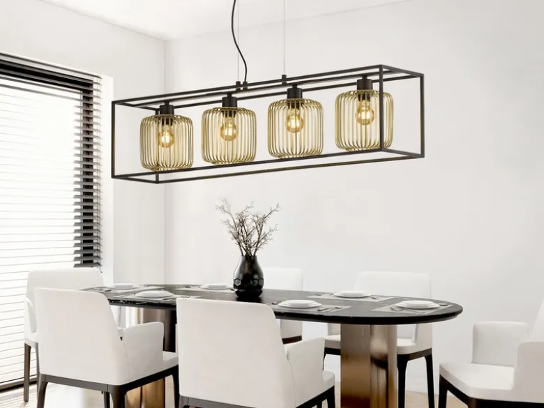 Pendelleuchte mehrflammig 4 Lamellen Lampenschirme Gold lang, Breite 110cm
