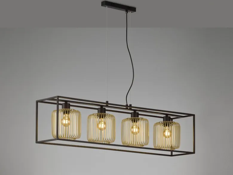 Pendelleuchte mehrflammig 4 Lamellen Lampenschirme Gold lang, Breite 110cm