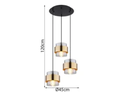 Pendelleuchte MILLEY 3-flammig mit Rauchglas und Messing, Ø 45cm