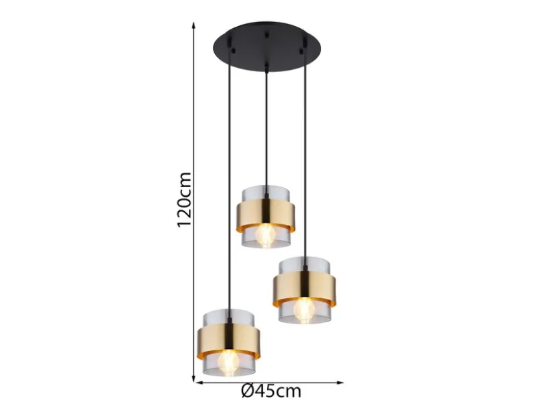 Pendelleuchte MILLEY 3-flammig mit Rauchglas und Messing, Ø 45cm