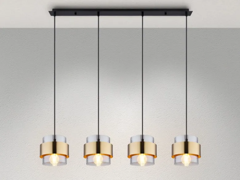 Pendelleuchte MILLEY 4-flammig mit Rauchglas und Messing lang, Breite 111cm