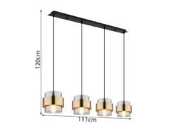 Pendelleuchte MILLEY 4-flammig mit Rauchglas und Messing lang, Breite 111cm