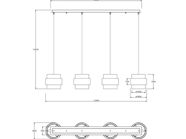 Pendelleuchte MILLEY 4-flammig mit Rauchglas und Messing lang, Breite 111cm