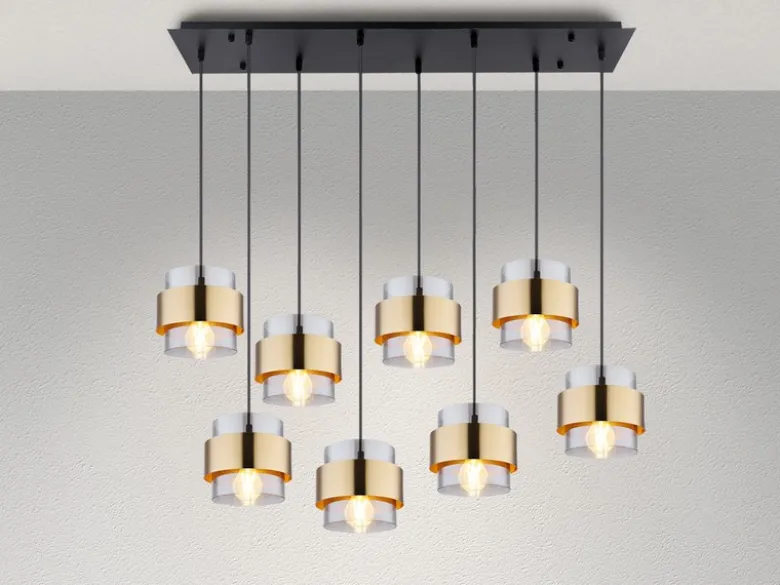 Pendelleuchte MILLEY 8-flammig mit Rauchglas und Messing, Breite 103cm