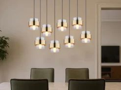 Pendelleuchte MILLEY 8-flammig mit Rauchglas und Messing, Breite 103cm