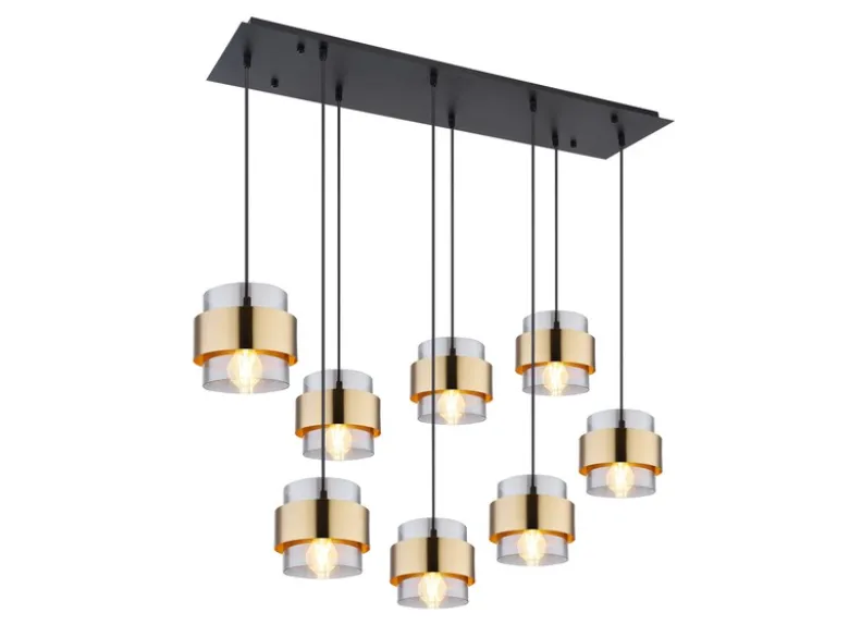 Pendelleuchte MILLEY 8-flammig mit Rauchglas und Messing, Breite 103cm