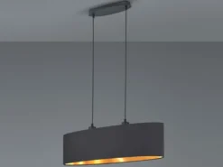 Pendelleuchte mit Stoff Lampenschirm Schwarz / innen Gold oval, Breite 80cm