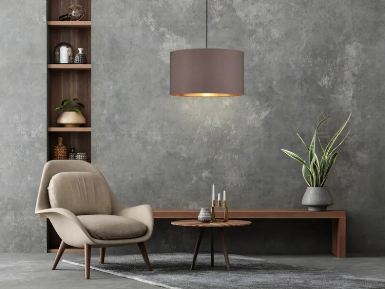 Pendelleuchte mit Stoff Lampenschirm Braun / innen Gold, Ø 40cm