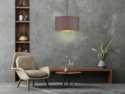 Pendelleuchte mit Stoff Lampenschirm Braun / innen Gold, Ø 40cm