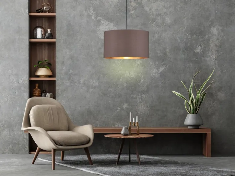 Pendelleuchte mit Stoff Lampenschirm Braun / innen Gold, Ø 40cm