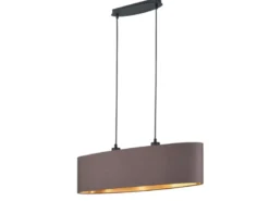 Pendelleuchte mit Stoff Lampenschirm Braun / innen Gold oval, Breite 80cm