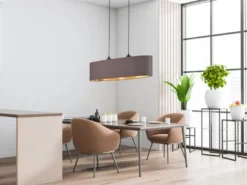 Pendelleuchte mit Stoff Lampenschirm Braun / innen Gold oval, Breite 80cm