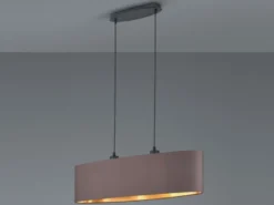 Pendelleuchte mit Stoff Lampenschirm Braun / innen Gold oval, Breite 80cm