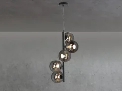 Pendelleuchte NEPTUN 5 flammig in Schwarz mit Rauchglas Kugeln lang, Höhe 183cm