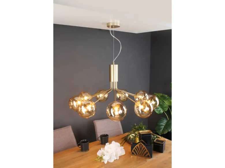 Pendelleuchte NEPTUN 9-flammig Messing & Amberglas, Ø 83cm