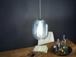 Pendelleuchte NEREIDE einflammig Wellenmuster Glasschirm in Blau, Ø 24,5cm