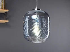 Pendelleuchte NEREIDE einflammig Wellenmuster Glasschirm in Blau, Ø 24,5cm