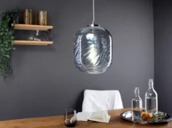 Pendelleuchte NEREIDE einflammig Wellenmuster Glasschirm in Blau, Ø 24,5cm