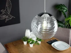 Pendelleuchte NEREIDE Glaskugel Wellenmuster in Transparent, Ø 33cm