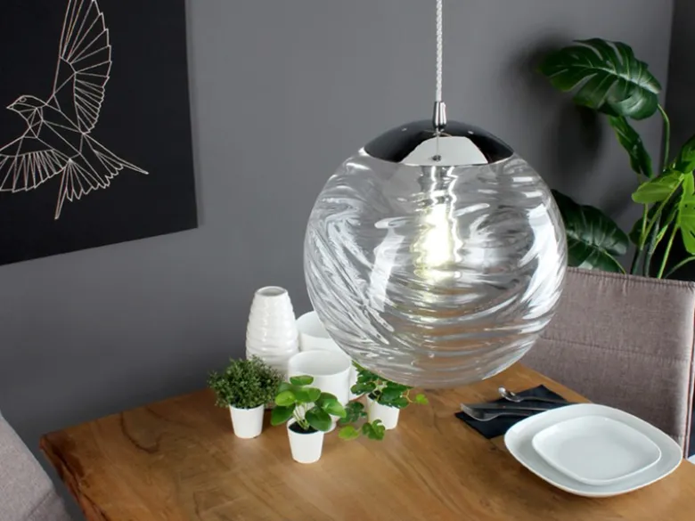Pendelleuchte NEREIDE Glaskugel Wellenmuster in Transparent, Ø 33cm