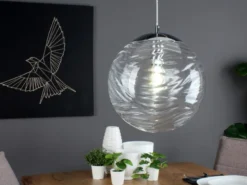 Pendelleuchte NEREIDE Glaskugel Wellenmuster in Transparent, Ø 33cm