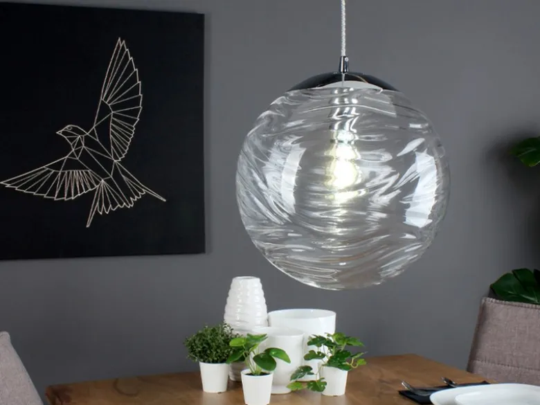 Pendelleuchte NEREIDE Glaskugel Wellenmuster in Transparent, Ø 33cm