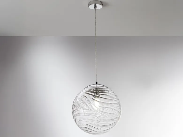 Pendelleuchte NEREIDE Glaskugel Wellenmuster in Transparent, Ø 33cm