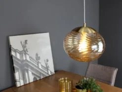 Pendelleuchte NEREIDE Glaskugel Wellenmuster Champagner, Ø 24,8cm