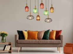 Pendelleuchte NORMY 8-flammig aus Rillenglas Bunt, Breite 125cm