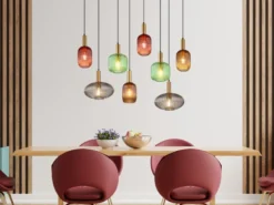 Pendelleuchte NORMY 8-flammig aus Rillenglas Bunt, Breite 125cm