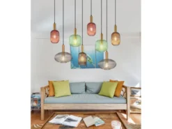 Pendelleuchte NORMY 8-flammig aus Rillenglas Bunt, Breite 125cm