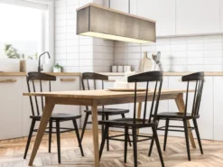 Pendelleuchte OSSI mit Stoff Lampenschirm und Holzoptik, Breite 80cm