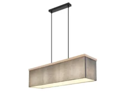 Pendelleuchte OSSI mit Stoff Lampenschirm und Holzoptik, Breite 80cm