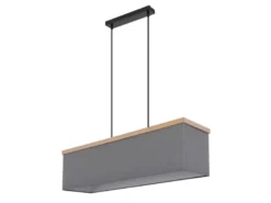 Pendelleuchte OSSI mit Stoff Lampenschirm und Holzoptik, Breite 80cm