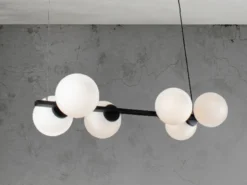 Pendelleuchte PLUTO 6 flammig Schwarz & Opalglas Kugeln Weiß, Breite 80cm