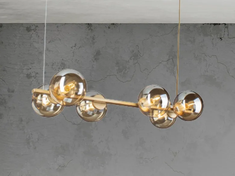 Pendelleuchte PLUTO 6-flammig Messing & Amberglas Kugeln, Breite 80cm