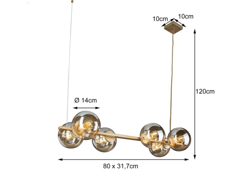 Pendelleuchte PLUTO 6-flammig Messing & Amberglas Kugeln, Breite 80cm
