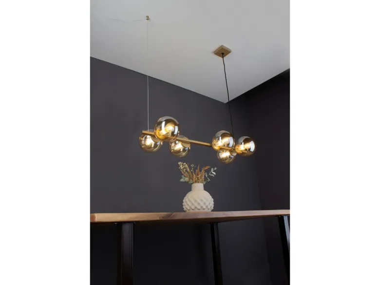 Pendelleuchte PLUTO 6-flammig Messing & Amberglas Kugeln, Breite 80cm