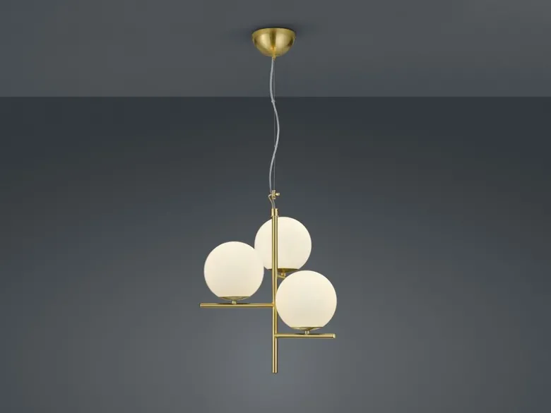 Pendelleuchte PURE 3-flammig in Messing mit Glaskugeln aus Opalglas, Ø 40cm