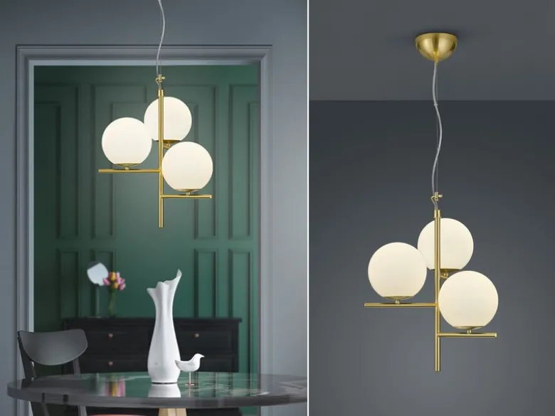 Pendelleuchte PURE 3-flammig in Messing mit Glaskugeln aus Opalglas, Ø 40cm