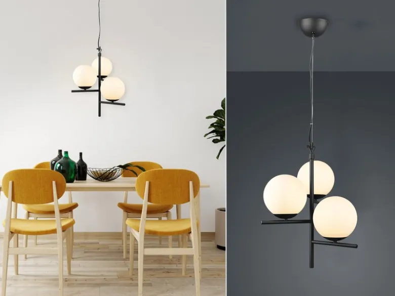 Pendelleuchte PURE 3-flammig in Schwarz mit Glaskugeln aus Opalglas, Ø 40cm
