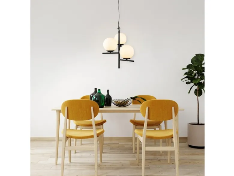 Pendelleuchte PURE 3-flammig in Schwarz mit Glaskugeln aus Opalglas, Ø 40cm